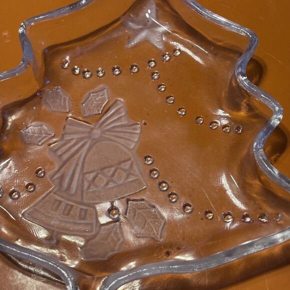Vintage Christmas Tree Shape Frosted Glass Dish with Bell, Bow and Star Candy - Picture 3 of 6